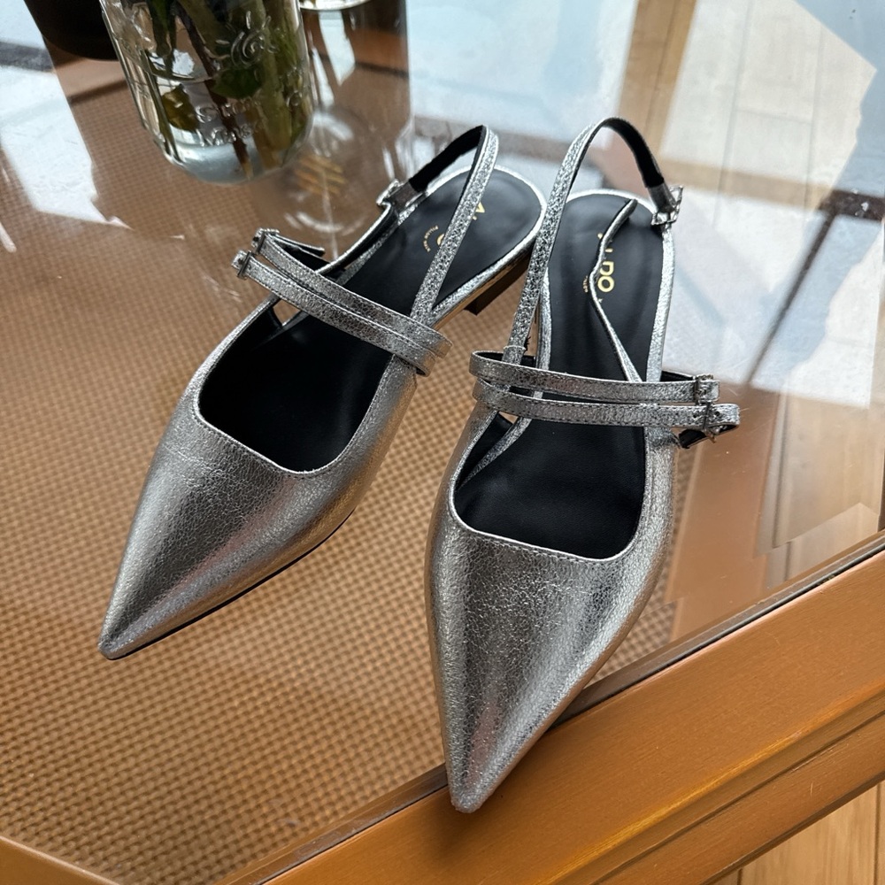 Silver Pointed Toe Slingback Flats